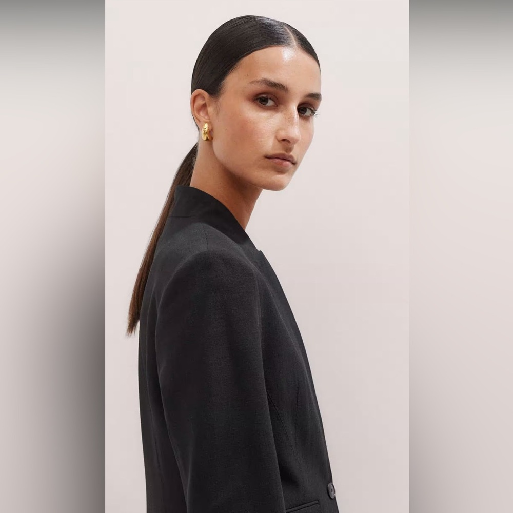 ME + EM WOMEN’s TEXTURED TAILORING COLLARLESS BLACK BLAZER CORPCORE QUIET LUXURY - Picture 8 of 16